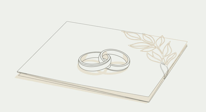 Minimalist wedding invitation card with intertwined rings and botanical design.