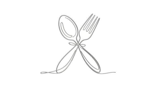 Minimalist continuous line drawing of spoon and fork crossing each other.