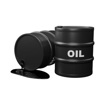 Black oil barrels with liquid spill on transparent background