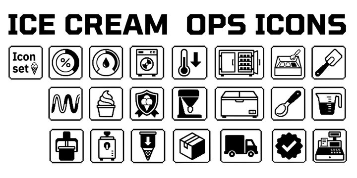 Artisan Ice Cream Frozen Dessert Icon Set Overrun Butterfat Batch Freezer Pull Temp Hardening Cabinet Mix In Fold Variegation Ribbon Soft Serve Gelato Sorbet Sherbet Badge Vector
