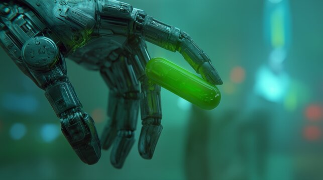 Futuristic android hand holding a capsule