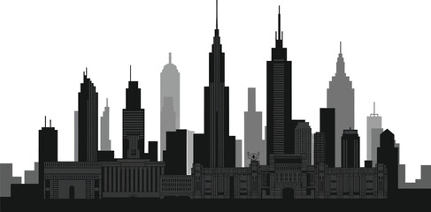 Black and gray city skyline silhouette vector illustration featuring various skyscrapers and urban buildings isolated on a clean white background. © ALBART