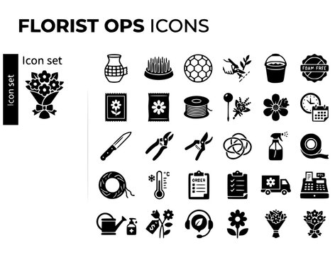Florist Flower Arranging Icon Set Grid Tape Vase Frog Pin Holder Chicken Wire Stem Cut Angle Hydration Bucket Foam Free Badge Flower Food Corsage Wire Boutonniere Pin Harvest Vector