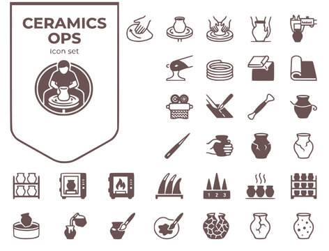 Ceramics & Pottery Studio Ops Icon Set: Clay Craft & Artisan Kiln Vector