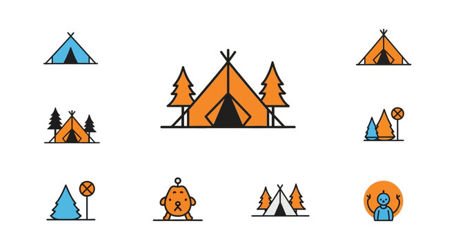 Colorful camping tent icons set.