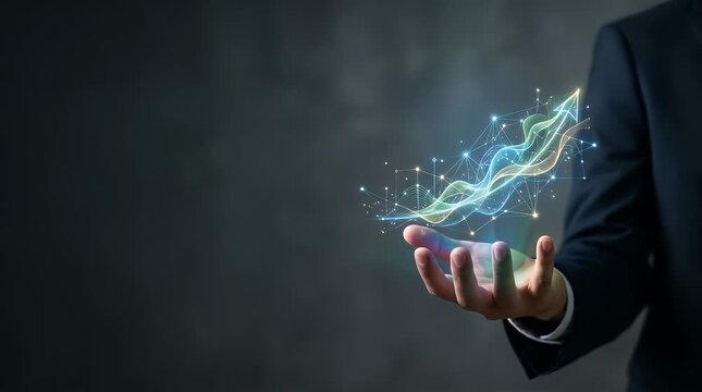 Hand Reaching Toward Vibrant Holographic Data Visualization
