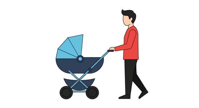 Man pushing baby stroller outdoors.