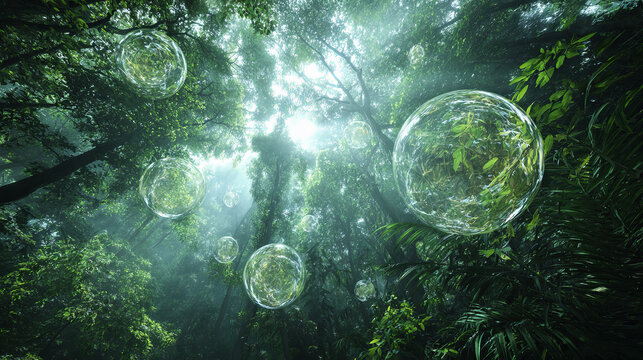 O2 bubbles in the middle of a lush forest are a metaphor for the purifying processes of air through nature. plants absorb carbon dioxide and release oxygen into the air. oxygen release concept