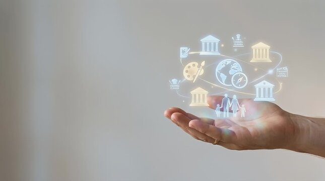 Interactive Holographic Learning Icons Above Open Hand