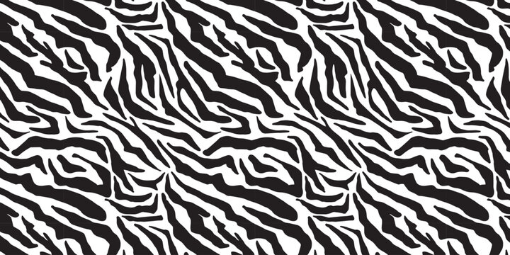 Seamless abstract zebra stripe pattern vector in black and white, suitable for background, textile, fashion, wallpaper, and modern graphic design.