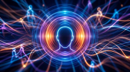 Fototapeta premium Digital representation of connected human figures with glowing neural-like networks and energy waves symbolizing communication and interconnectedness.