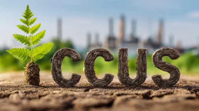 Carbon Capture, Utilization and Storage (CCUS) concept. Words CCUS on nature background Technology of CO2 capturing and store. Net zero target, limit global warming.