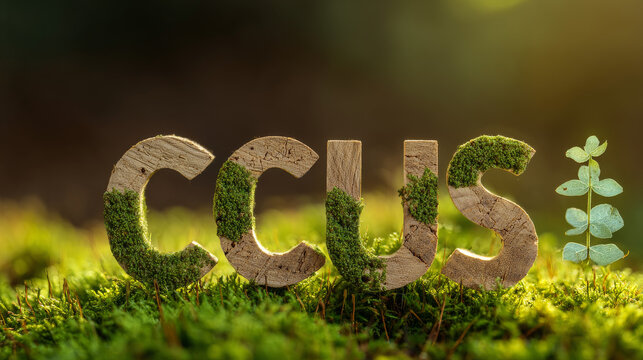 Carbon Capture, Utilization and Storage (CCUS) concept. Words CCUS on nature background Technology of CO2 capturing and store. Net zero target, limit global warming.