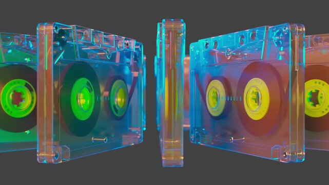 Cassettes made of transparent plastic glow with neon cyan and green light while rotating in a seamless loop. Retro music visuals, synthwave video backgrounds, music festival branding