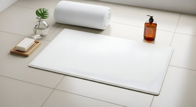 Bathroom essentials on tiled floor.