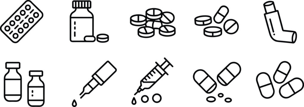 Pharmaceutical medicine icon set, pills capsules syringe inhaler bottles, healthcare treatment drugs, pharmacy line vector illustration collection design