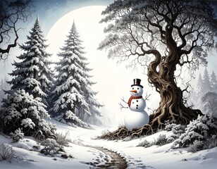 Fototapeta premium beautiful border frame of winter concepts with snowman, trees, winter concepts with blank copy space background