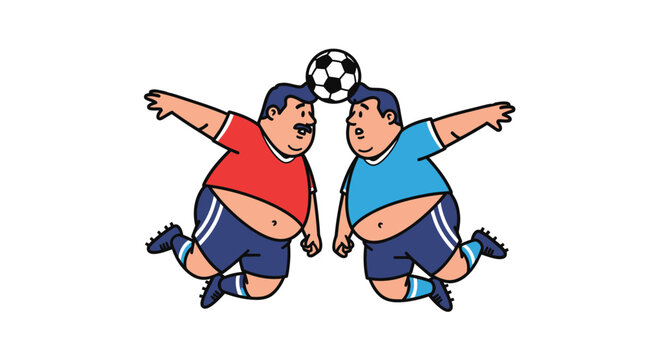 Two Overweight Soccer Players Headbutting a Soccer Ball in Play.