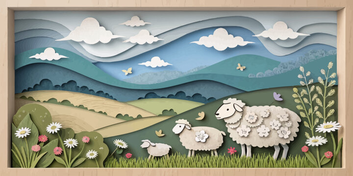 Paper cut landscape with sheep family in rolling hills and flowers landscape outdoors countryside butterflies illustration peaceful pastoral beautiful colorful