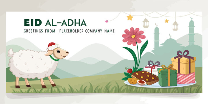 Eid al-adha greeting card with sheep and mosque illustration islamic holiday feast of sacrifice holy day middle east muslim celebration lanterns illustration celebration festival traditional