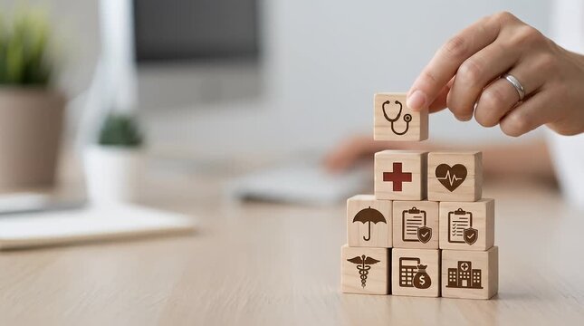 Hand Placing Wooden Health Icons on Block Stack in Office Setting