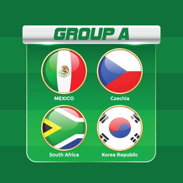 2026 World Football Tournament Group A Draw Infographic with National Teams Flags and  International Soccer Championship Table Template. Mexico, South Africa, Korea Republic, Czechia