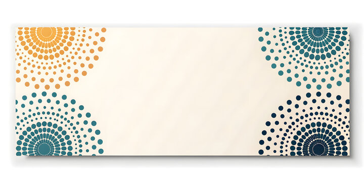 Minimalist banner with circular dotted mandala patterns in teal and orange on beige paper.