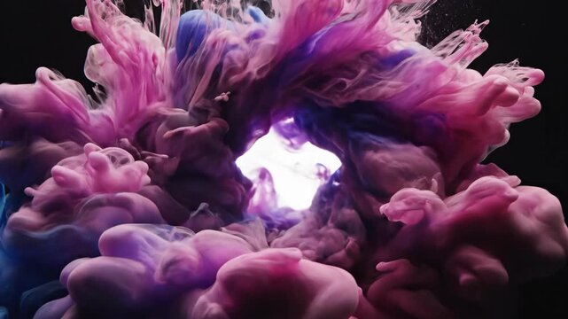 Pink Cube Dissolving into Swirling Blue and Purple Ink Clouds Against Dark Background