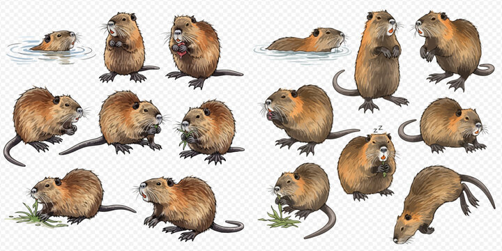 Set of nutria in various poses, including swimming, standing, and eating, showcasing their natural behaviors.