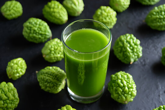 Glass of green bitter gourd juice surrounded by fresh bitter gourds image 1