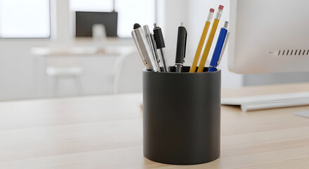 Obraz premium Black desk pen holder with office supplies.