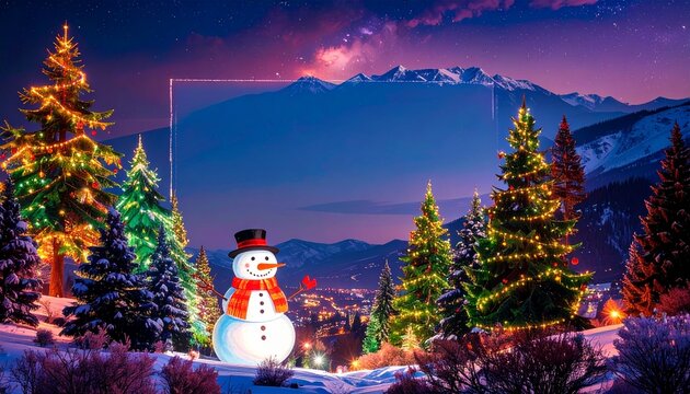 beautiful border frame of winter concepts with snowman, trees, winter concepts with blank copy space background