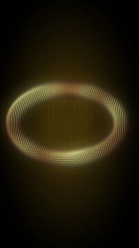 Golden Oval Frame With Rotating Animation, Digital Dot Particles on Dark Background, Glowing Dot Grid 3D Geometric Shape, 4K Seamless Loop, Vertical Video