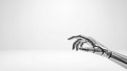 Fototapeta premium Silver robotic hand pointing at empty space in a studio white background