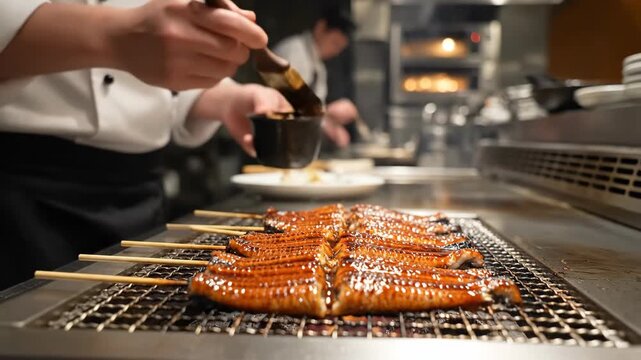 Chef in White Uniform Brushing Dark Sauce Onto Skewered Unagi Eel Roasting on Smoking Hot Grill in Kitchen