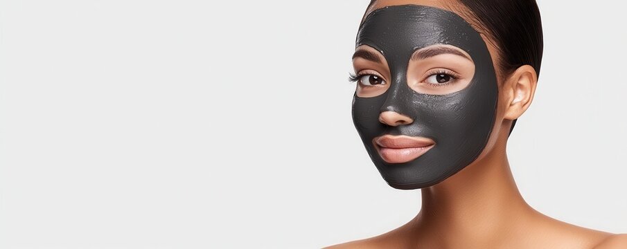 wellness mindfulness detox concept. Woman with a black facial mask applied, showcasing skincare and beauty care.