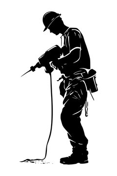 Construction Worker Operating Drill Machine Jackhammer Tool Industrial Labor Black and White Vector Silhouette