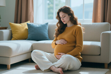 Obraz premium Young adult Caucasian pregnant woman sitting on floor, holding belly and reflecting on maternity journey at home. Ideal for prenatal care, motherhood, family planning campaigns