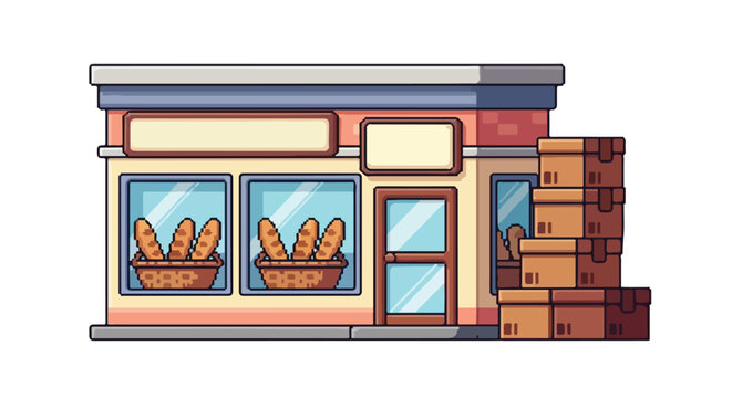 A charming pixel-art bakery storefront features baskets of fresh bread in the windows and a stack of cardboard delivery boxes to the right.