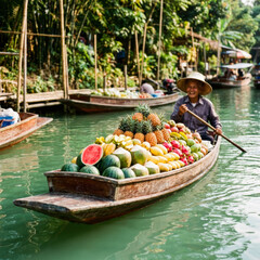 Obraz premium Smiling Merchant on Wooden Boat at Floating Market with Tropical Fruits, Pineapple, Watermelon, and Bananas in Thailand Tradition