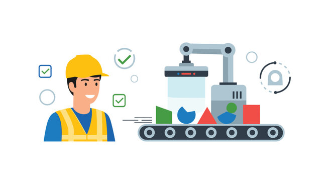 An industrial worker in a hard hat supervises a robotic arm on a production line that is sorting colorful geometric shapes.