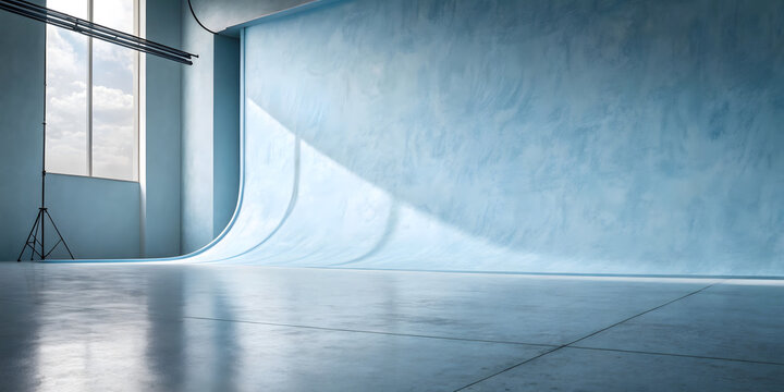 Empty photography studio with large light blue textured backdrop and bright window light streaming in.