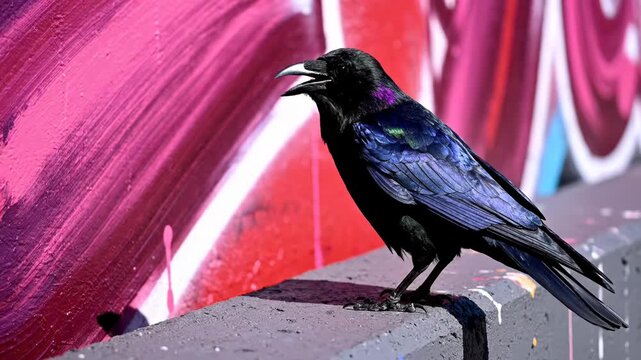 A black crow with iridescent blue and green feathers perched on a gray concrete ledge against a vibrant pink and red graffiti wall in a bright urban environment during the day.