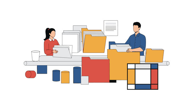 Two office workers, a man and a woman, are organizing large colorful file folders on a conveyor belt in a busy, abstract office environment.