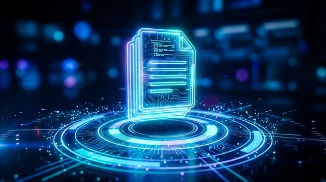 Digital document file hologram on futuristic interface representing data storage and information management