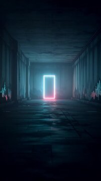 A striking neon rectangle illuminates a dark, abandoned warehouse interior, creating a mysterious and futuristic atmosphere. Ideal for sci-fi, cyberpunk, digital transformation, or dystopian-themed pr