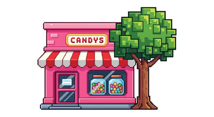 Obraz premium A charming pixel art illustration of a pink candy shop with a red-striped awning, featuring jars of treats in the window beside a green tree.