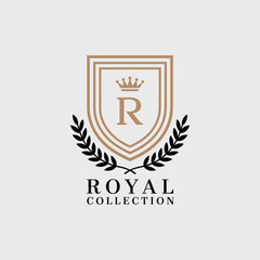 Fototapeta premium Luxury Royal Heraldic Shield Logo with Crown, Letter R and Laurel Wreath