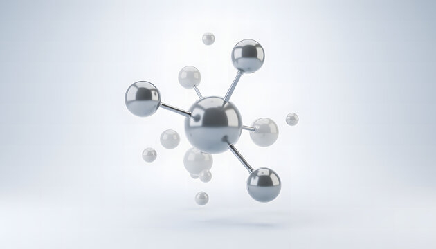 3D rendering of a glossy chrome molecular model floating with small white spheres. Abstract visual concept for science, technology, biochemistry, medical research, nanostructure innovation and data