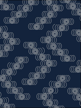 伝統的な紺色の観世水シームレスパターン（ドット・水紋・夏祭り・和風）：Japanese traditional Kanze-mizu seamless pattern in indigo blue. Dotted water ripple for summer festivals and yukata.